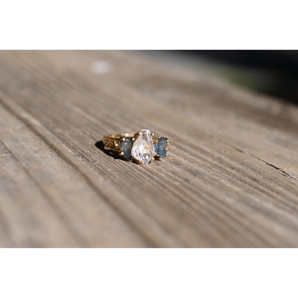 Engagement ring Size 7 14k Gold Diamond and Sapphire Ring Raw Diamond  Solid Gol